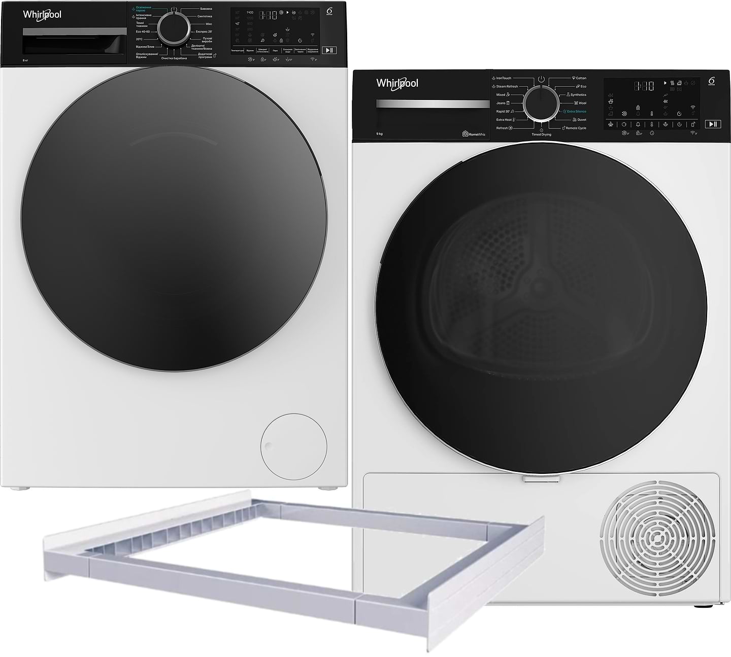 Комплект техніки Whirlpool Пральна машина з фронтальним завантаженням + Сушильна машина + Комплект кріплень для встановлення в колону Whirlpool WAM 81WB UA + WP B9X WBS UA + Iniversal Basic Stacking Kit FG (KCL103)